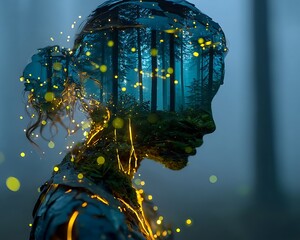 Mystical fusion of nature and silhouette, a dreamy forest escape within a human form, radiating serenity and wonder, perfect for wellness campaigns