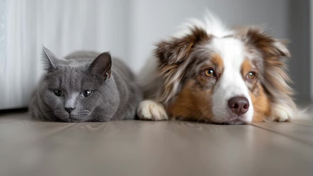A cat and a dog are laying on the floor next to each other. Serene minimalist floor-level view of a Chartreux Cat and Miniature American Shepherd Dog, cat and dog minimalist scene