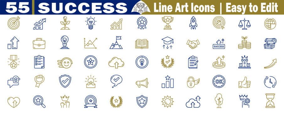Set of fifty-five success icons in a simple line art style, easy to edit and customize vector illustration. 