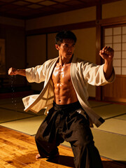 A male martial artist in a traditional dojo demonstrates a powerful stance while practicing. The room's serene ambiance highlights his focus and dedication during evening training