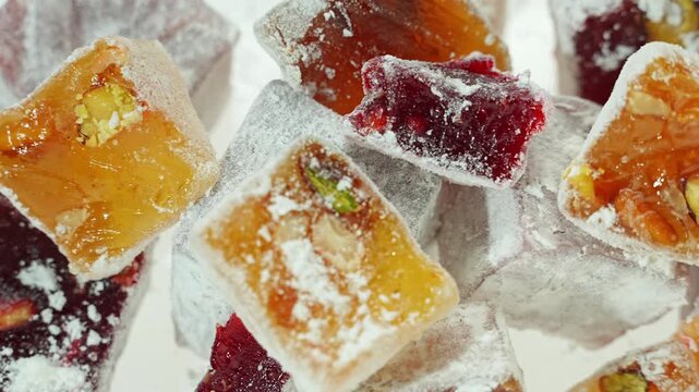 Sweet food Turkish delight, assorted rahat locum in form of cubes with nuts and powdered sugar, traditional food