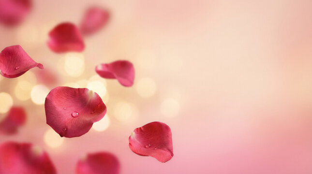 falling rose petals with soft bokeh light on pink romantic background