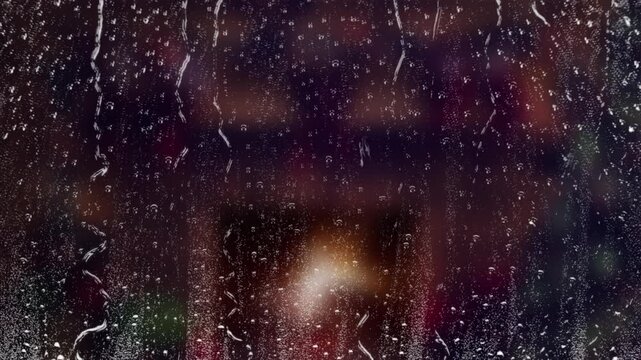 Heavy rain on window with warm fireplace glow in background. Atmospheric and cozy scene. Seamless loop