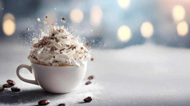Snow and decorative golden stars are falling. Whipped cream, hot coffee and beans against blurred shiny lights