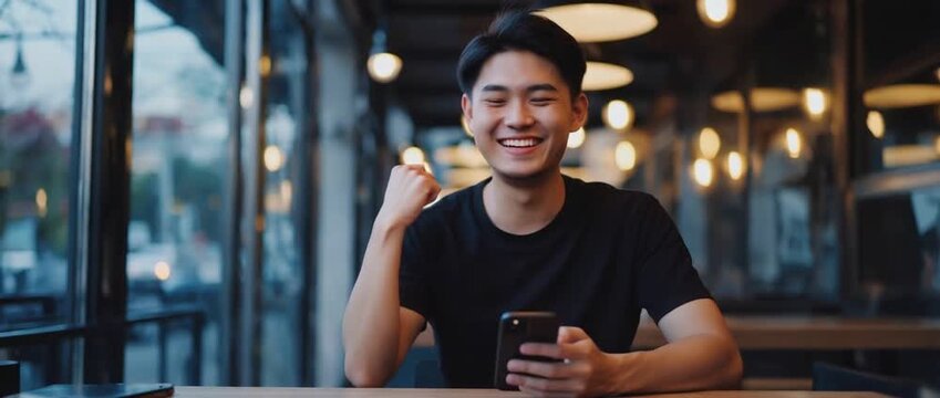 Contented Expression: A vibrant young man radiates joy as he looks up, clutching his smartphone in a modern, well-lit indoor setting. Capturing the authentic emotions and relatable everyday life.