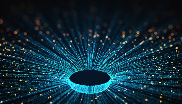 Abstract digital vortex with glowing blue and yellow particles flowing into a central dark core, symbolizing data streams, interconnected networks, and advanced technological concepts - Powered by Adobe