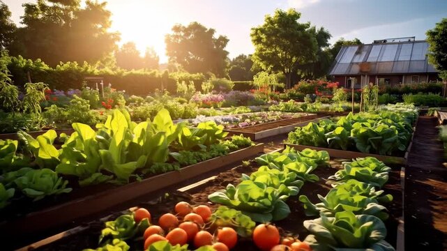 Sunny garden with rows of vegetables and a greenhouse, with lush foliage under a warm light