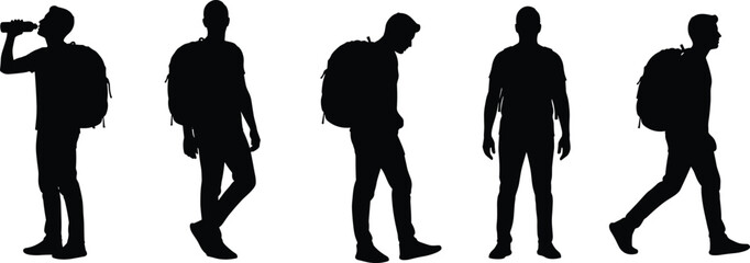 Backpack silhouettes, black vector, hiking poses, drinking, walking, casual stance, white background, travel gesture, outdoor motion, readiness