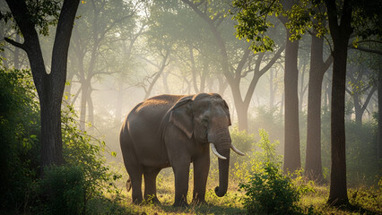 Fototapeta premium An elephant stands calmly in a misty forest as sunlight streams through the trees, creating a dramatic and peaceful natural atmosphere.