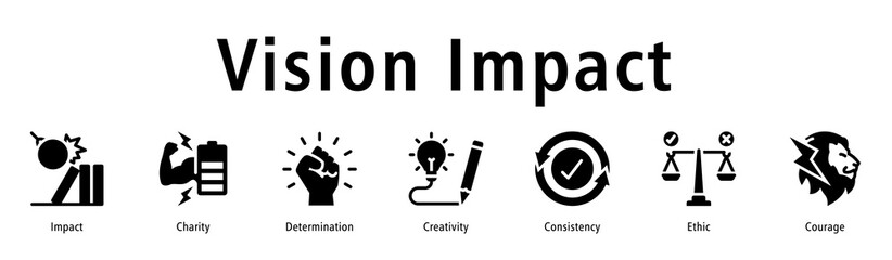 Vision impact icon vector concept showing impact, power, determination, innovation, consistency, and strong strategic direction.