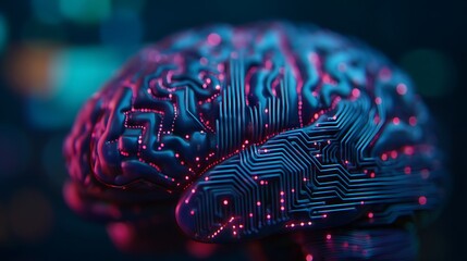 A vibrant, digital representation of a brain, showcasing intricate circuitry patterns and glowing elements, symbolizing the intersection of technology and neuroscience.