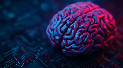 A stylized brain rests on a circuit board, illuminated in vibrant blue and pink hues, symbolizing the intersection of neuroscience and technology.