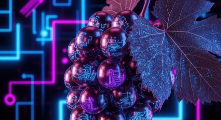 Cyber Grapes: Technological Fusion in Digital Vineyard Concept Art