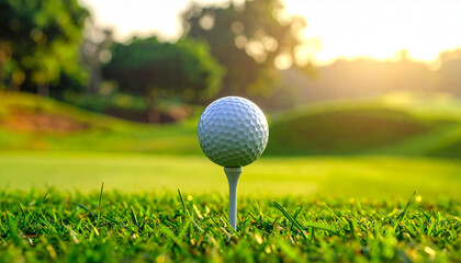 Golf ball on tee with lush green course