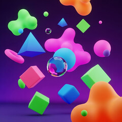 Abstract 3D Shapes Rendering: Neon Geometry & Liquid Forms