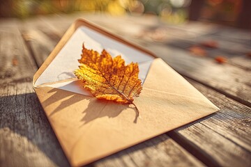 Obraz premium Autumnal Leaf on Envelope on Wooden Table