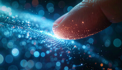 Touch of Tomorrow: A close-up view of a finger making contact with an intricate digital display, evoking a sense of technological innovation and futuristic interaction.
