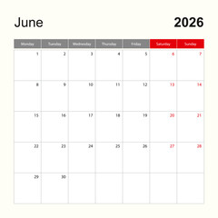 Wall calendar template for June 2026. Holiday and event planner, week starts on Monday.