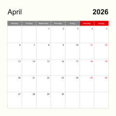 Wall calendar template for April 2026. Holiday and event planner, week starts on Monday.
