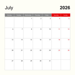 Wall calendar template for July 2026. Holiday and event planner, week starts on Monday.