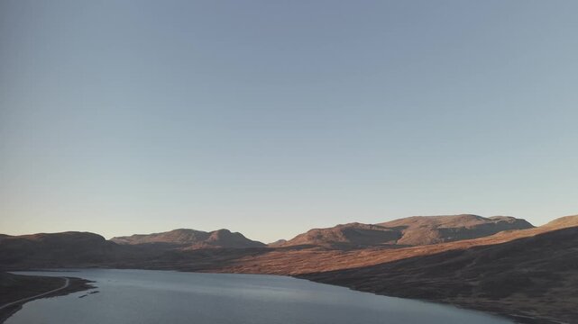 Hemsedalfjeelet highland in Norway at sunset. Drone footage
