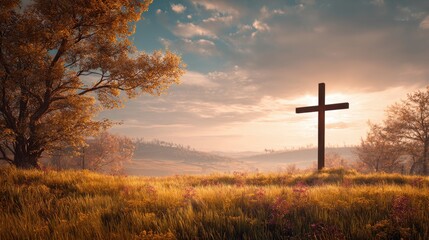 Serene Landscape with Wooden Cross at Sunrise in Autumn Colors