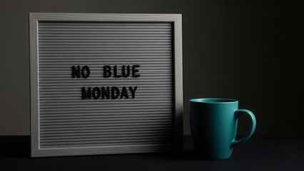 A vintage grey letter board displays the words no blue monday next to a teal mug against a dark background
