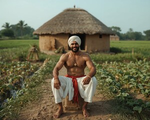 A muscular man wears traditional clothing while squatting near a rural hut. He enjoys the serene morning view of green fields. The atmosphere is peaceful and vibrant