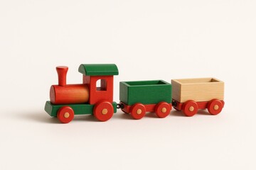 Professional studio photo small vintage toy train made of painted wood classic red and green locomotive with two carriages side view on white background
