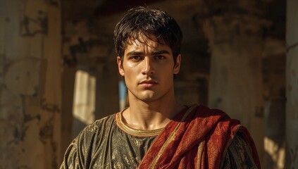Naklejka premium A young man wearing a detailed Roman tunic and a red draped garment stands in an ancient stone structure under bright sunlight. The background features weathered columns