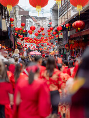 Red lantern decorated during lunar new year celebration in old chinatown street.