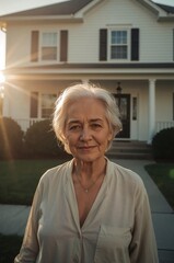 An older woman smiles confidently in her front yard as the sun sets behind her home. The soft light creates a warm atmosphere while she enjoys this peaceful moment