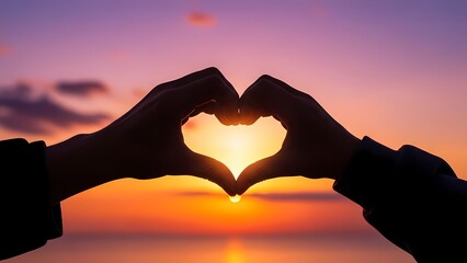 A close-up silhouette shot of hands forming a romantic heart shape, beautifully framing the bright sun against the vibrant orange and purple sky over the peaceful ocean horizon.