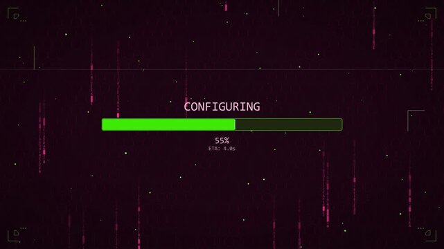 Display showing progress of a configuring process related to a design element video. The screen indicates 55 percent completion with an estimated time of 4.6 seconds remaining.
