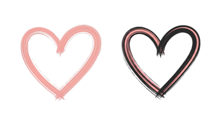 A pair of sketchy, hand-drawn heart outlines, illustrated using a brushstroke technique in contrasting romantic blush pink and dark black, isolated on a clean white background.