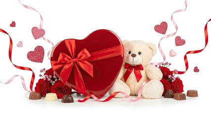 A romantic red heart-shaped gift box and a plush teddy bear are beautifully arranged with roses and chocolates in a clean, isolated studio shot against a white background, symbolizing affection.