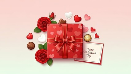 A romantic flat lay vector illustration of a red gift box surrounded by roses, heart chocolates, and a greeting card, set against a soft pink gradient background for valentine's day celebration.