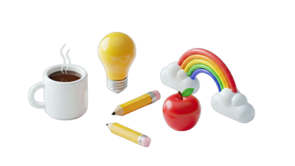 A steaming cup of coffee next to a glowing yellow lightbulb two yellow pencils a red apple and a whimsical rainbow with clouds on a transparent background symbolizing creativity and inspiration