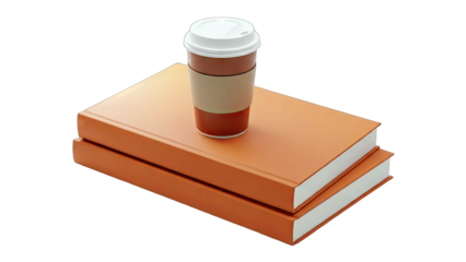 A To Go Coffee Cup Resting On A Stack Of Two Orange Books Against A Transparent Background