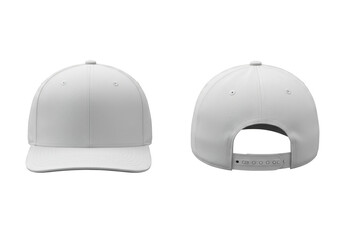Two white blank cotton twill snapback baseball caps, front and rear views shown side-by-side, isolated on a pure black background, highlighting the fabric texture and plastic closure. Concept for