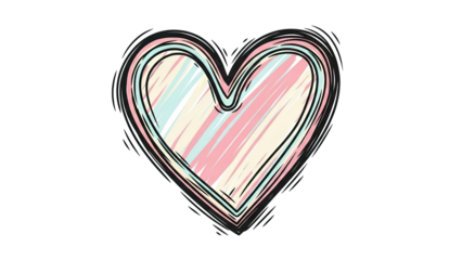 A hand-drawn, sketchy pastel heart illustration, filled with soft pink and blue diagonal strokes, is isolated against a clean white background, symbolizing love and romance.