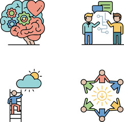A set of four colorful vector icons representing soft skills and personal development: emotional intelligence depicted by a brain with gears and a heart, communication between two figures, ambition sh