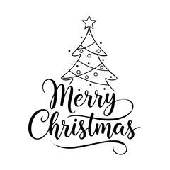 Minimalist black and white Merry Christmas text with a simple decorated tree