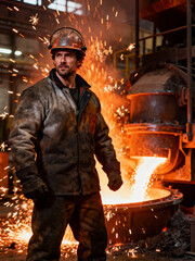 A worker wearing a helmet and heavy coat stands confidently near a furnace pouring molten metal in a bustling steel mill. Sparks light up the dark surroundings