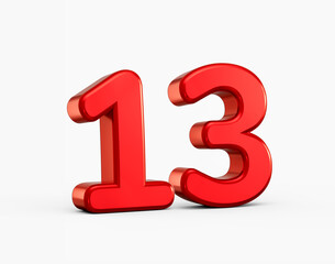 Red glossy 3D number 13 with bright highlights and smooth rounded edges. 3d illustration