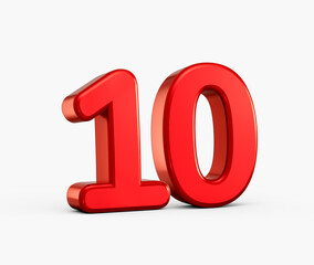 Red glossy 3D number 10 standing on a clean white surface, bold and modern. 3d illustration