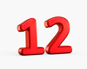 Red shiny 3D number 12 rendered with a clean reflective surface and bold curves. 3d illustration