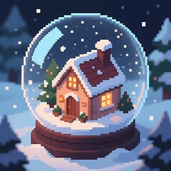 Pixel Art Isometric Snow Globe Christmas Illustration.
