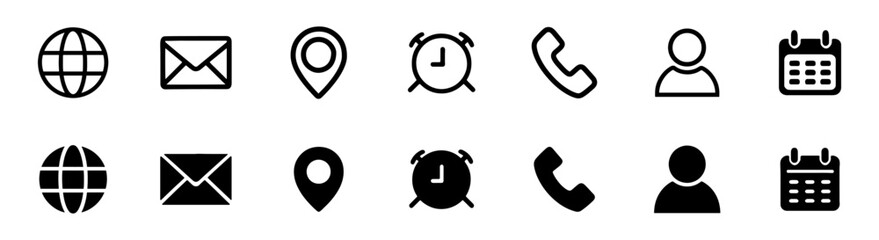 Set of Email, Phone, Location, Time, Clock, Date, Calendar icons. Web and contact icon set. simple black style symbol sign for apps and website, vector illustration.