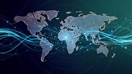 Digital world map with glowing blue and green energy waves on dark background